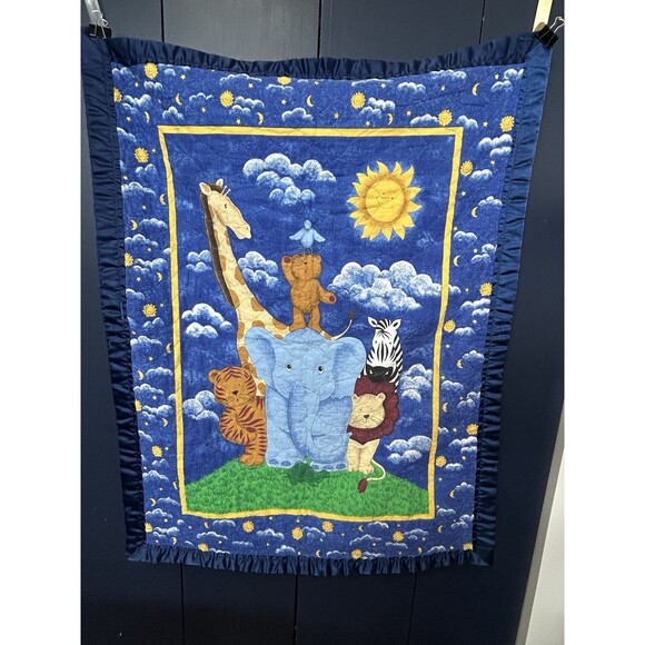Baby Comforter/Quilt Handmade Blue/ Animals - Picture 1 of 16